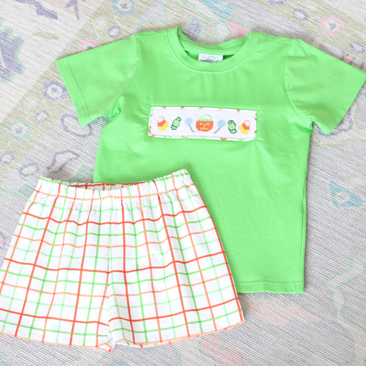 BOYS SMOCKED HALLOWEEN CANDY SHORT SET