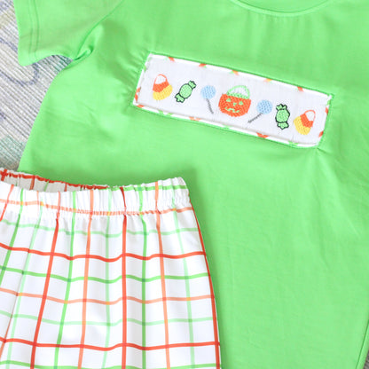 BOYS SMOCKED HALLOWEEN CANDY SHORT SET