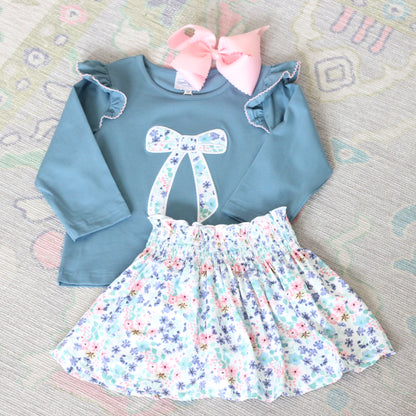 STONE BLUE & FLORAL BOW SKORT SET