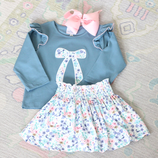 STONE BLUE & FLORAL BOW SKORT SET