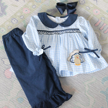 GIRLS WINDOWPANE TURKEY SMOCKED POCKET PANT SET