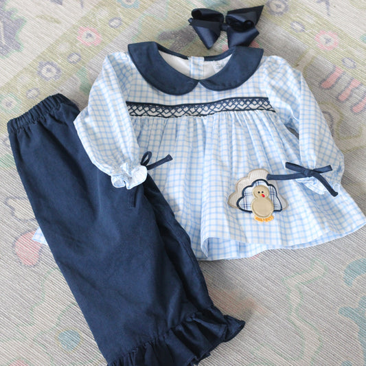 GIRLS WINDOWPANE TURKEY SMOCKED POCKET PANT SET