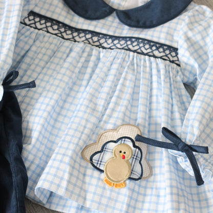 GIRLS WINDOWPANE TURKEY SMOCKED POCKET PANT SET