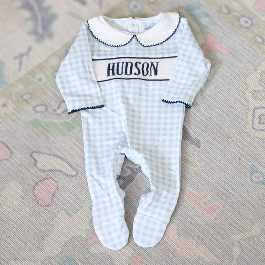 BOYS BLUE GINGHAM & NAVY KNIT NAME SMOCKED FOOTIE