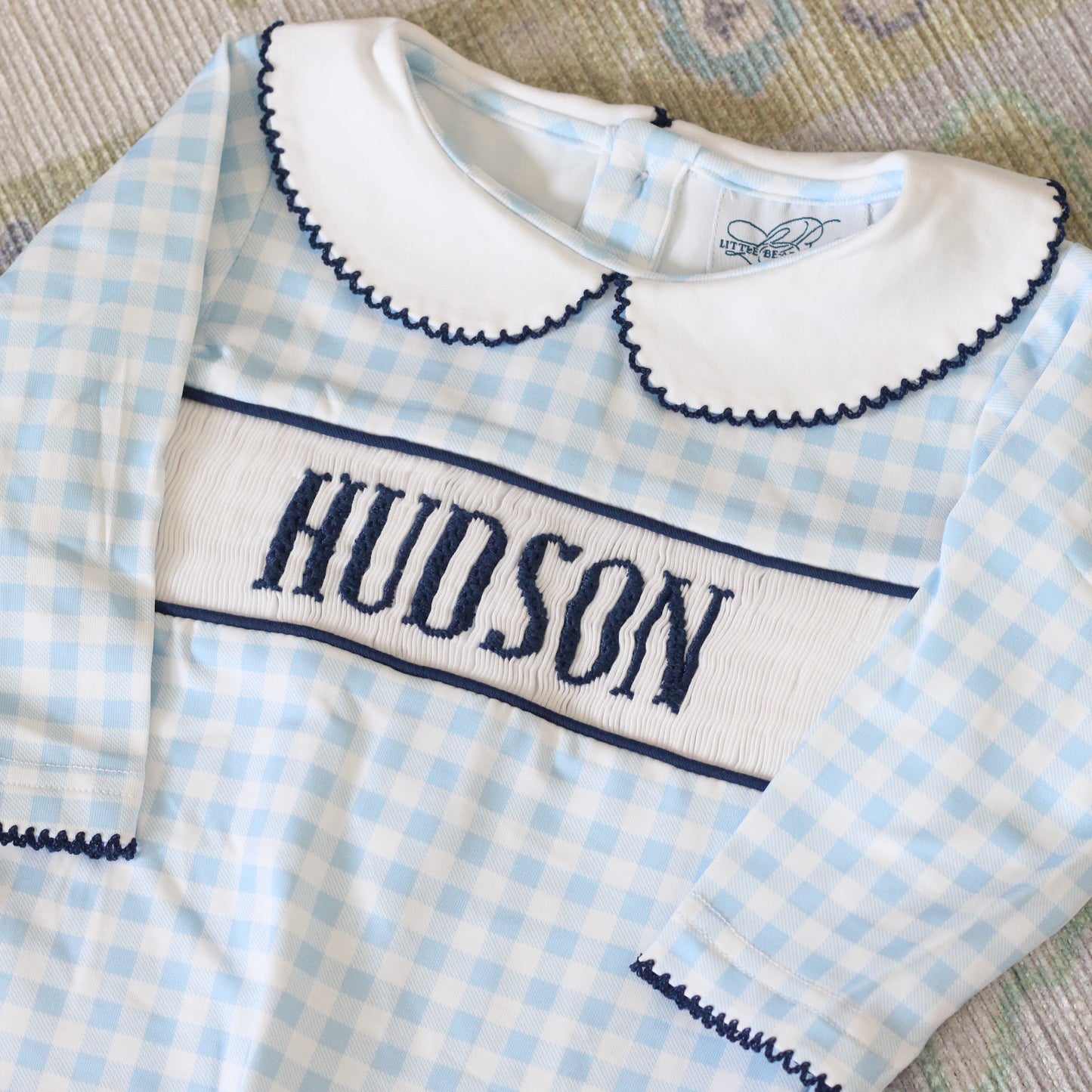 BOYS BLUE GINGHAM & NAVY KNIT NAME SMOCKED FOOTIE