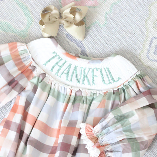 GIRLS FALL PLAID THANKFUL SMOCKED BUBBLE