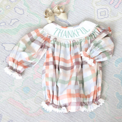 GIRLS FALL PLAID THANKFUL SMOCKED BUBBLE