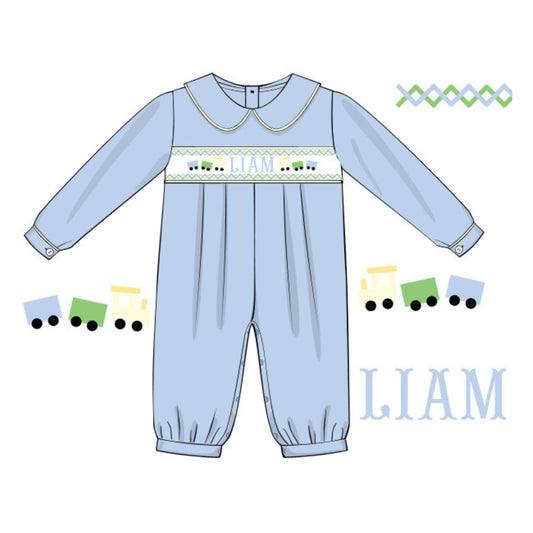 SMOCKED TRAINS NAME SMOCKED ROMPER