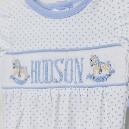 BOYS ROCKINGHORSE NAME SMOCKED KNOT GOWN