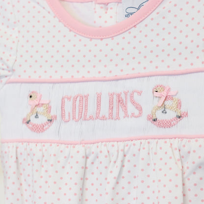 GIRLS ROCKINGHORSE NAME SMOCKED INFANT GOWN