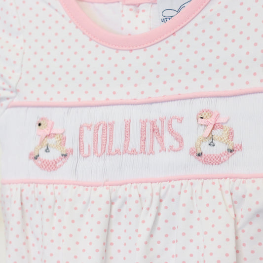 GIRLS ROCKINGHORSE NAME SMOCKED INFANT GOWN