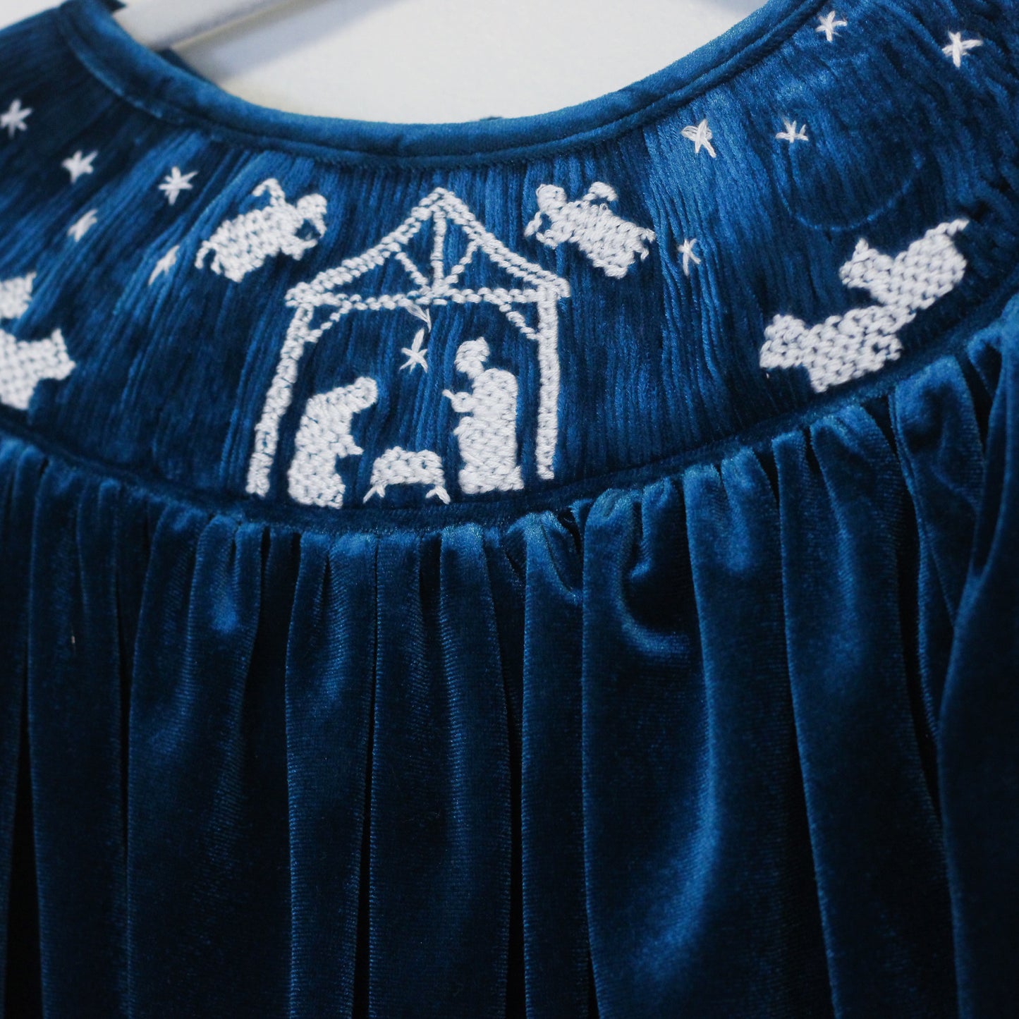 GIRLS BLUE VELVET SMOCKED NATIVITY BISHOP DRESS