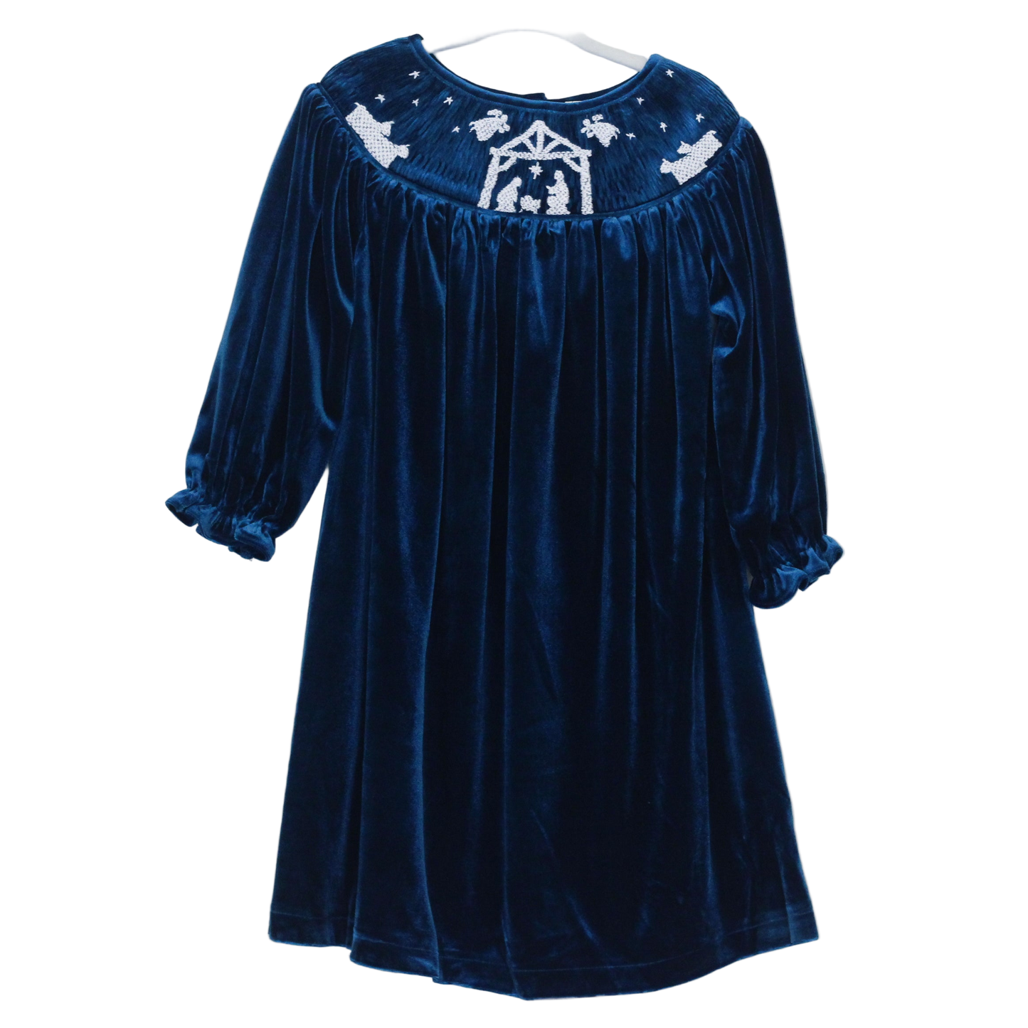 GIRLS BLUE VELVET SMOCKED NATIVITY BISHOP DRESS
