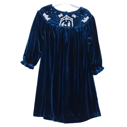 GIRLS BLUE VELVET SMOCKED NATIVITY BISHOP DRESS