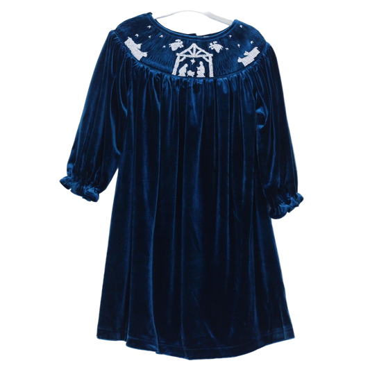 GIRLS BLUE VELVET SMOCKED NATIVITY BISHOP DRESS
