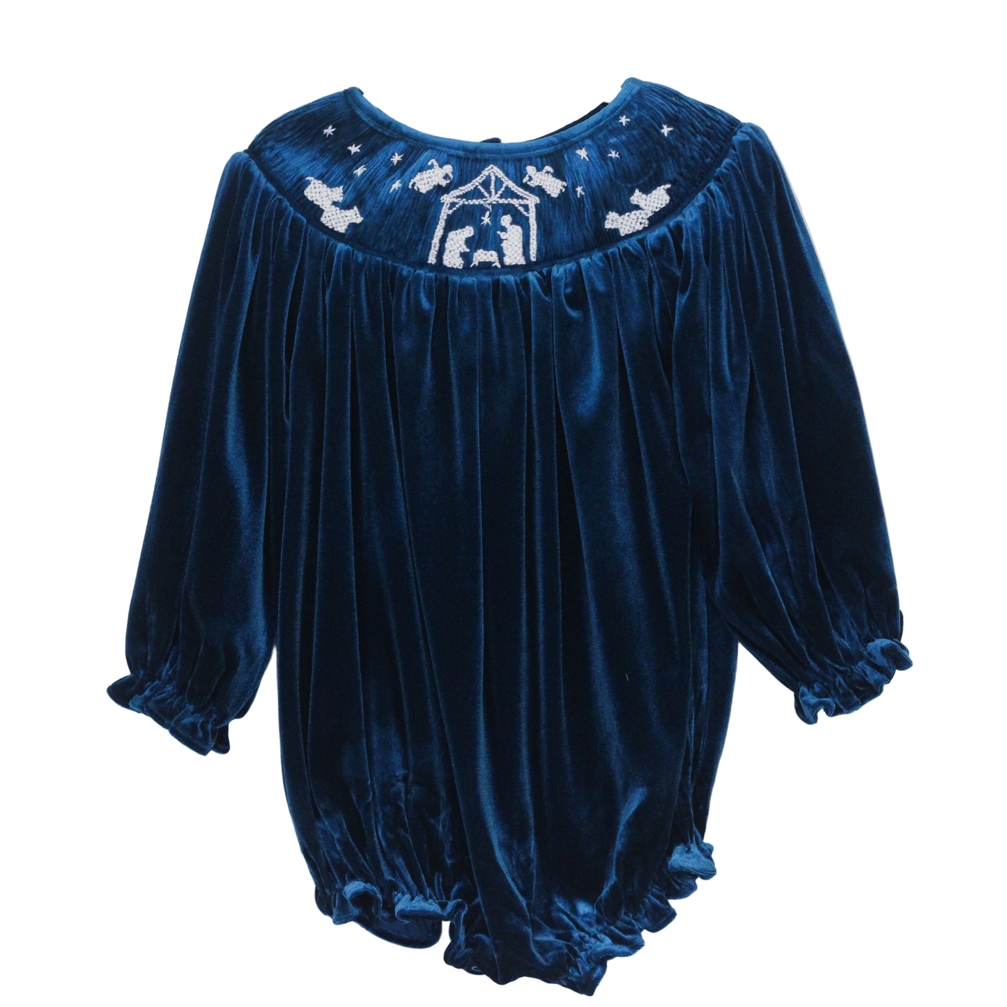 GIRLS BLUE VELVET SMOCKED NATIVITY BUBBLE