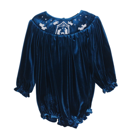 GIRLS BLUE VELVET SMOCKED NATIVITY BUBBLE