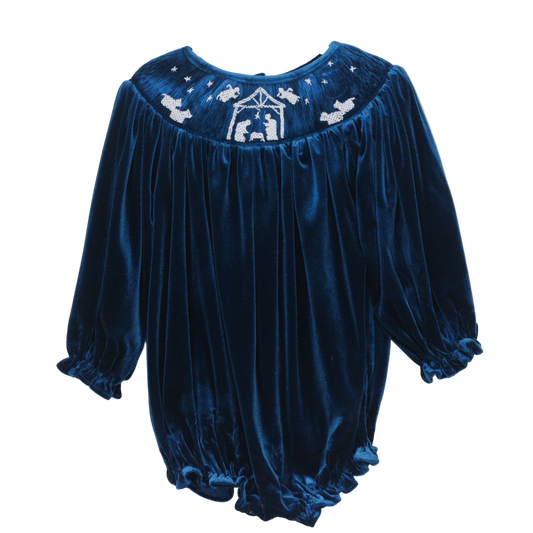 GIRLS BLUE VELVET SMOCKED NATIVITY BUBBLE