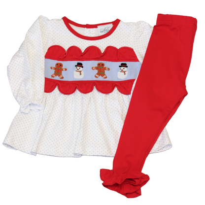 GIRLS GINGERBREAD & SNOWMEN SMOCKED LEGGING SET