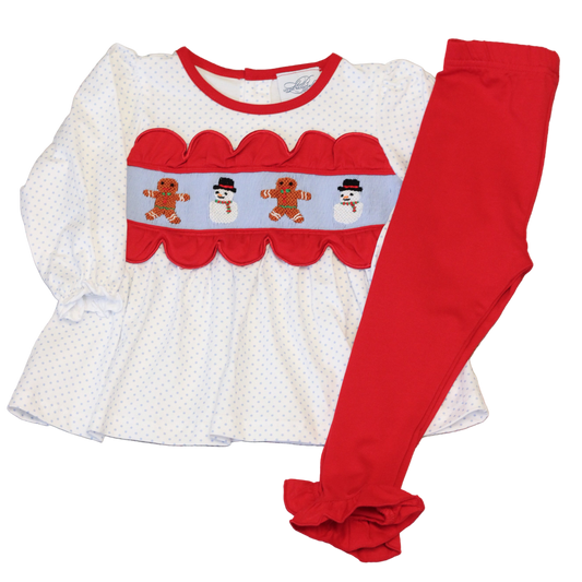 GIRLS GINGERBREAD & SNOWMEN SMOCKED LEGGING SET