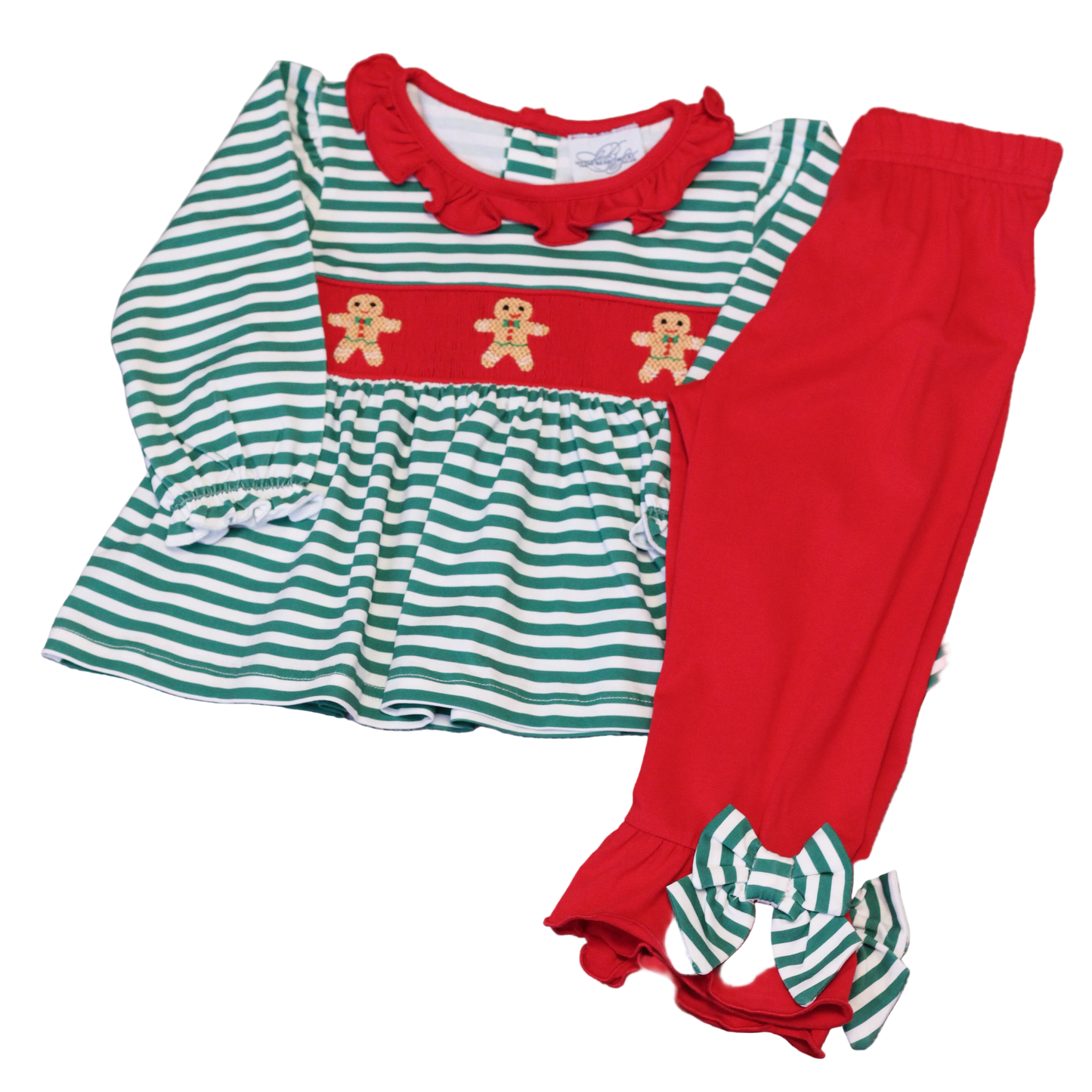 GIRLS GREEN STRIPED SMOCKED GINGERBREAD RUFFLE PANT SET