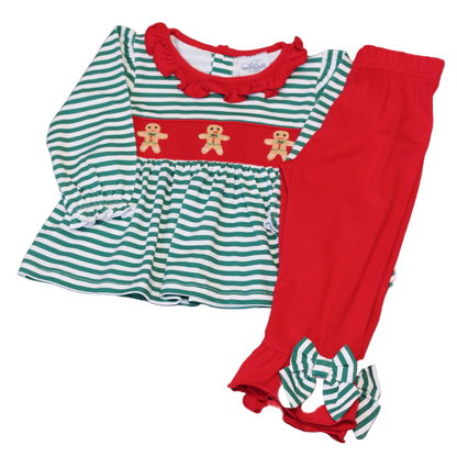GIRLS GREEN STRIPED SMOCKED GINGERBREAD RUFFLE PANT SET