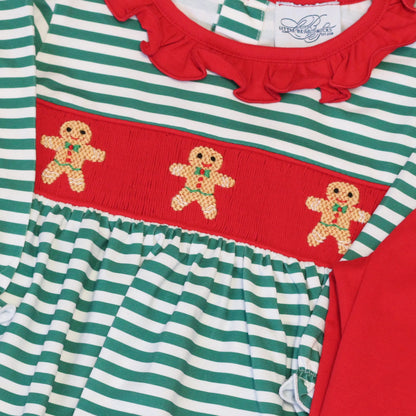 GIRLS GREEN STRIPED SMOCKED GINGERBREAD RUFFLE PANT SET