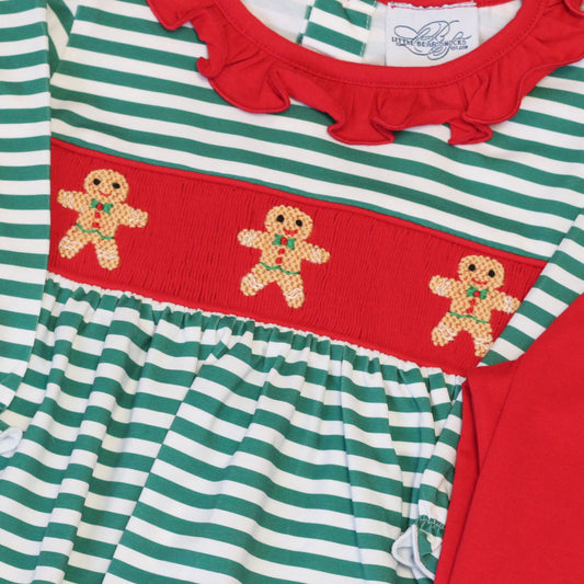 GIRLS GREEN STRIPED SMOCKED GINGERBREAD RUFFLE PANT SET