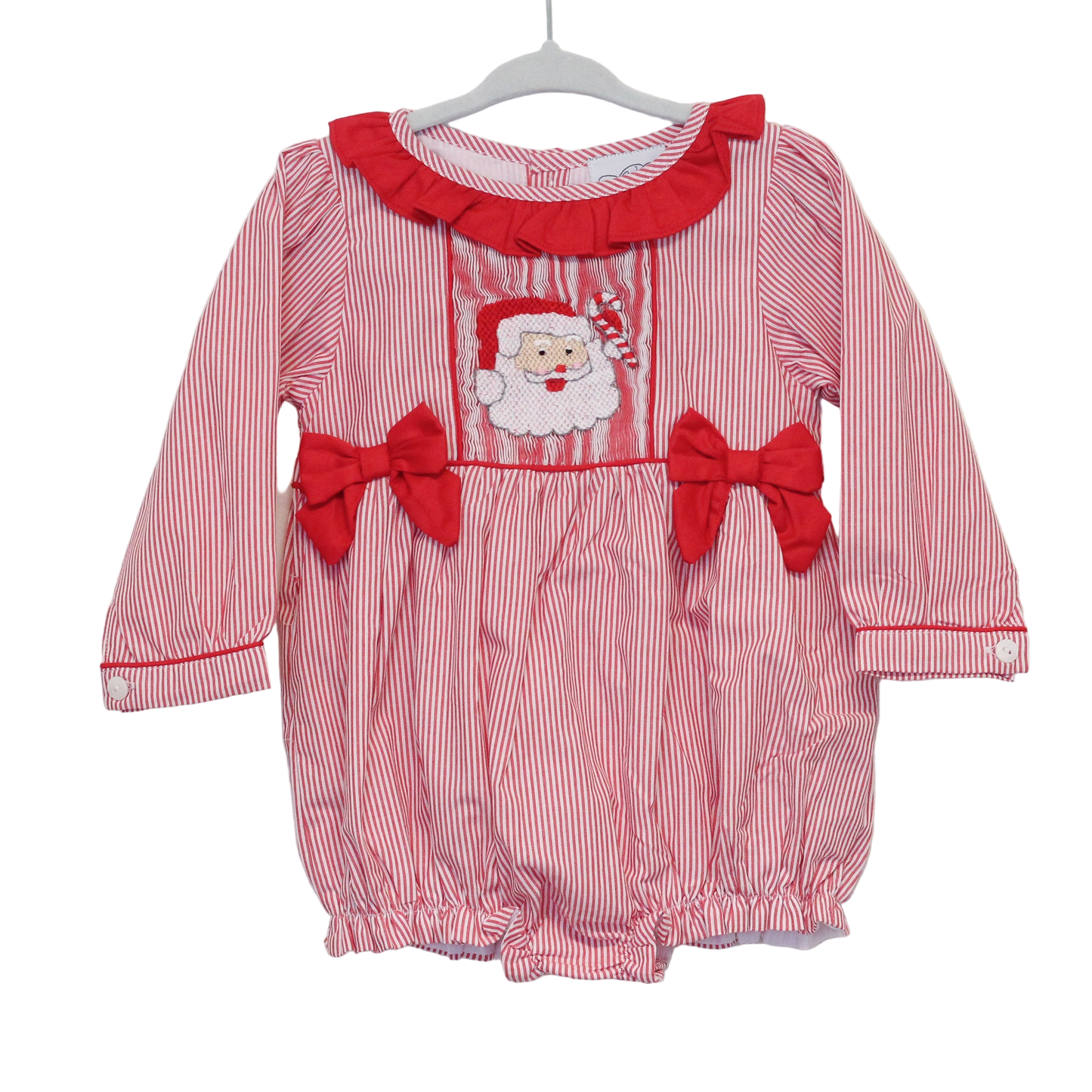 GIRLS RED STRIPED SMOCKED SANTA BUBBLE
