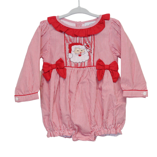 GIRLS RED STRIPED SMOCKED SANTA BUBBLE