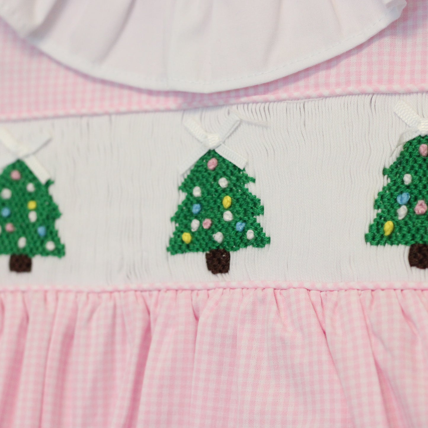 PINK GINGHAM SMOCKED CHRISTMAS TREES SKIRTED BUBBLE