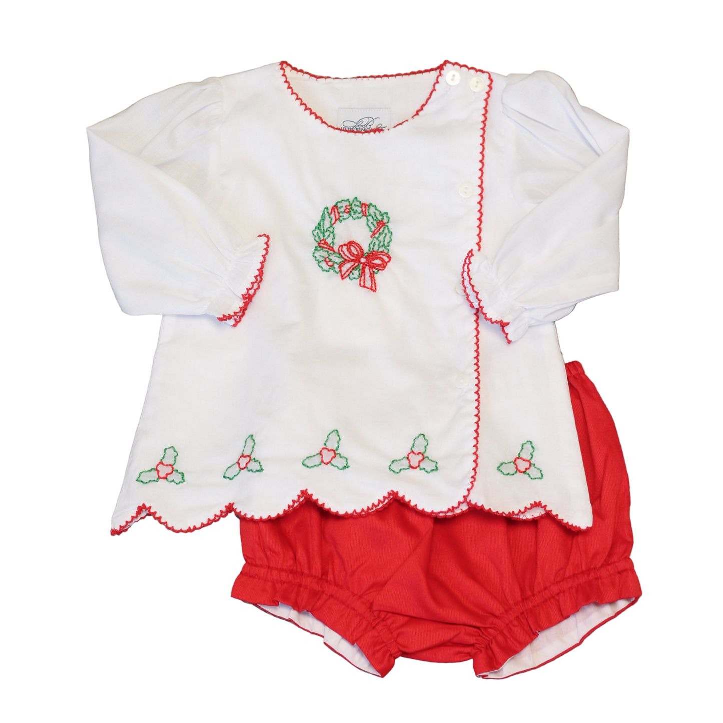 WHITE SHADOW EMBROIDERED HOLLY & WREATH DIAPER SET