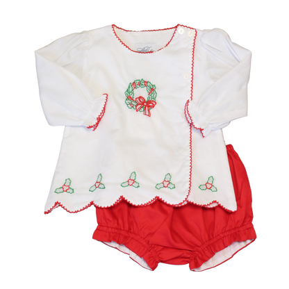 WHITE SHADOW EMBROIDERED HOLLY & WREATH DIAPER SET