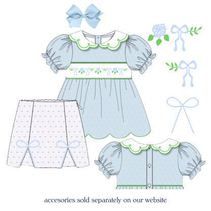 BLUE SWISS DOT SMOCKED HYDRANGEAS & BOWS SKORT SET