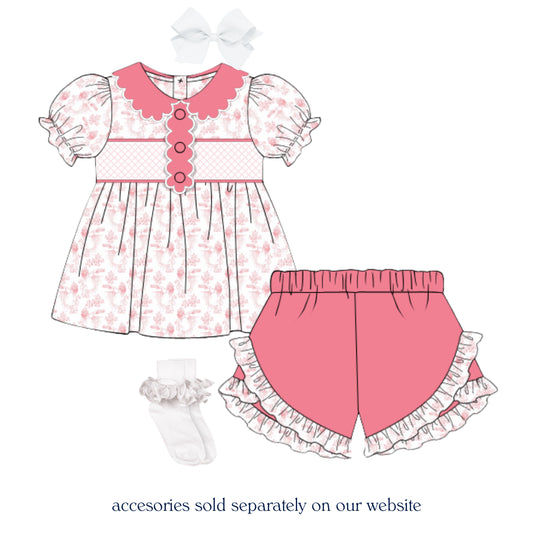 PINK TOILE SMOCKED SHORT SET