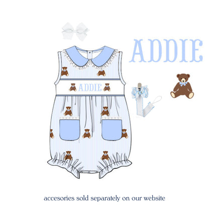 GIRLS EMBROIDERED TEDDY BEAR NAME SMOCKED BUBBLE