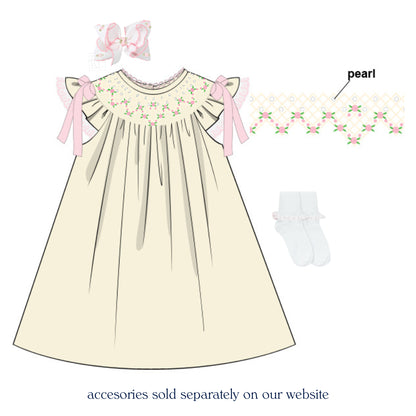 CREAM SATIN ROSETTE & PEARLS SMOCKED BISHOP DRESS