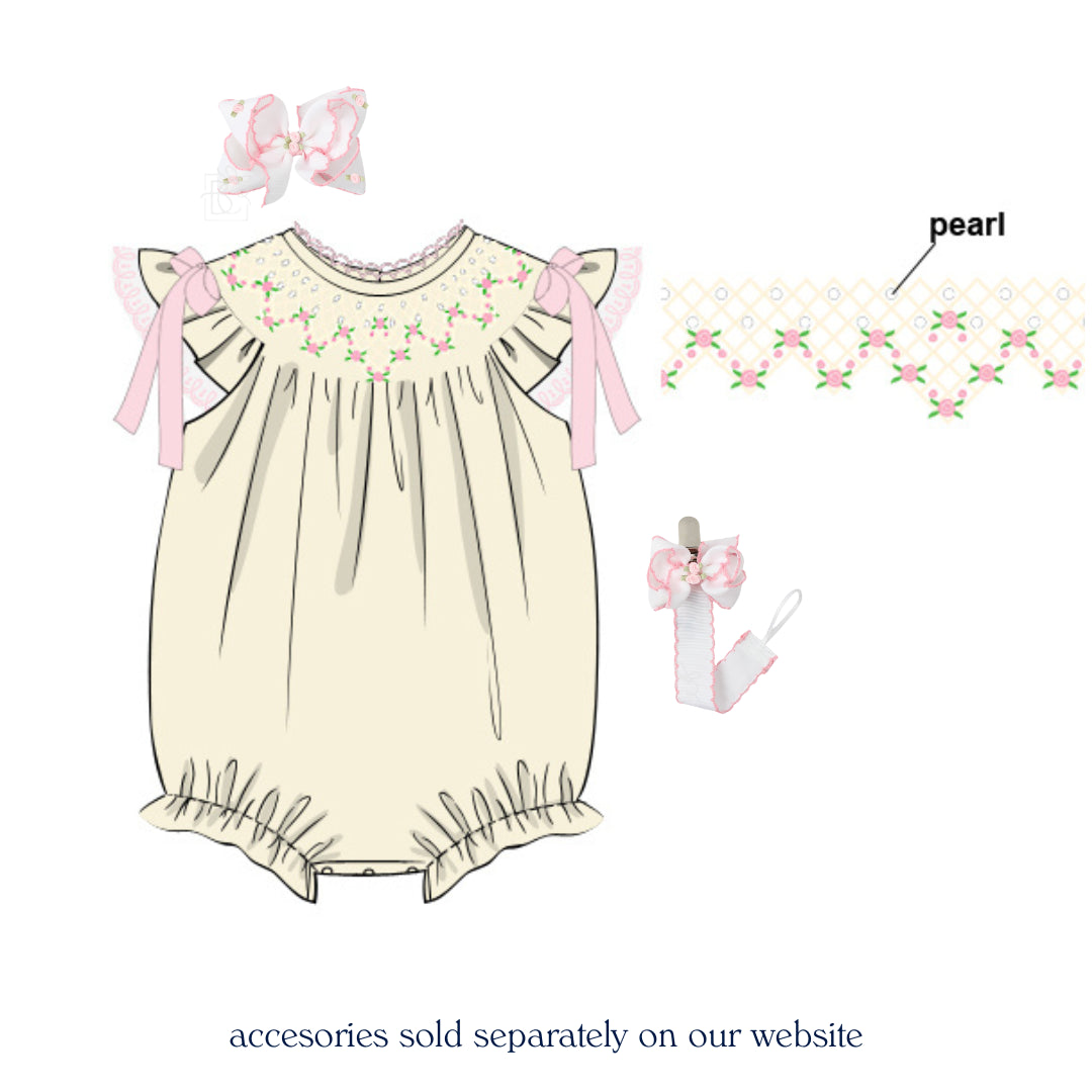 CREAM SATIN ROSETTE & PEARLS SMOCKED BISHOP BUBBLE