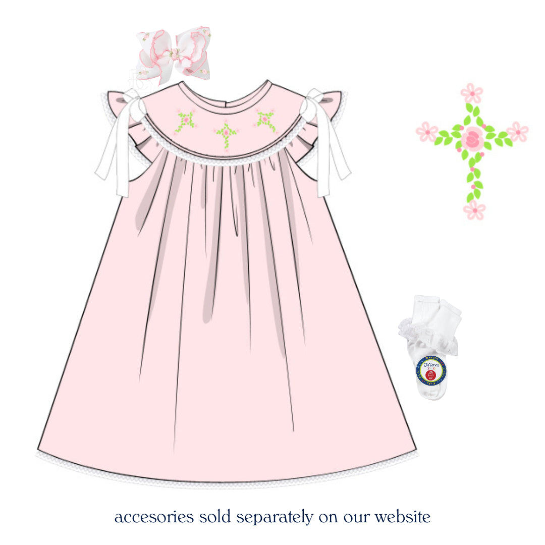 PINK FLORAL CROSS SMOCKED BISHOP DRESS