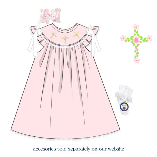 PINK FLORAL CROSS SMOCKED BISHOP DRESS