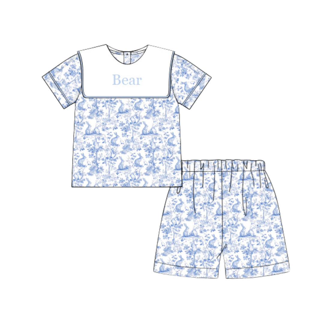 BOYS BUNNY TOILE BIB SHORT SET