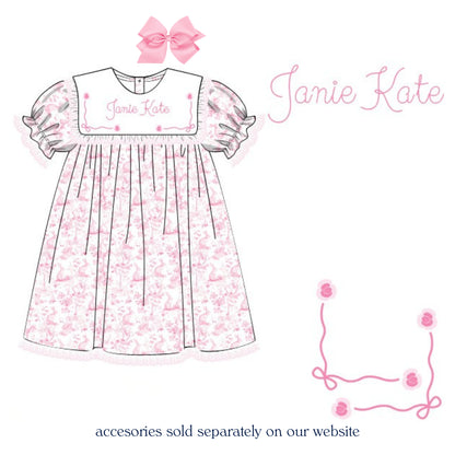 GIRLS BUNNY TOILE BIB COLLAR DRESS