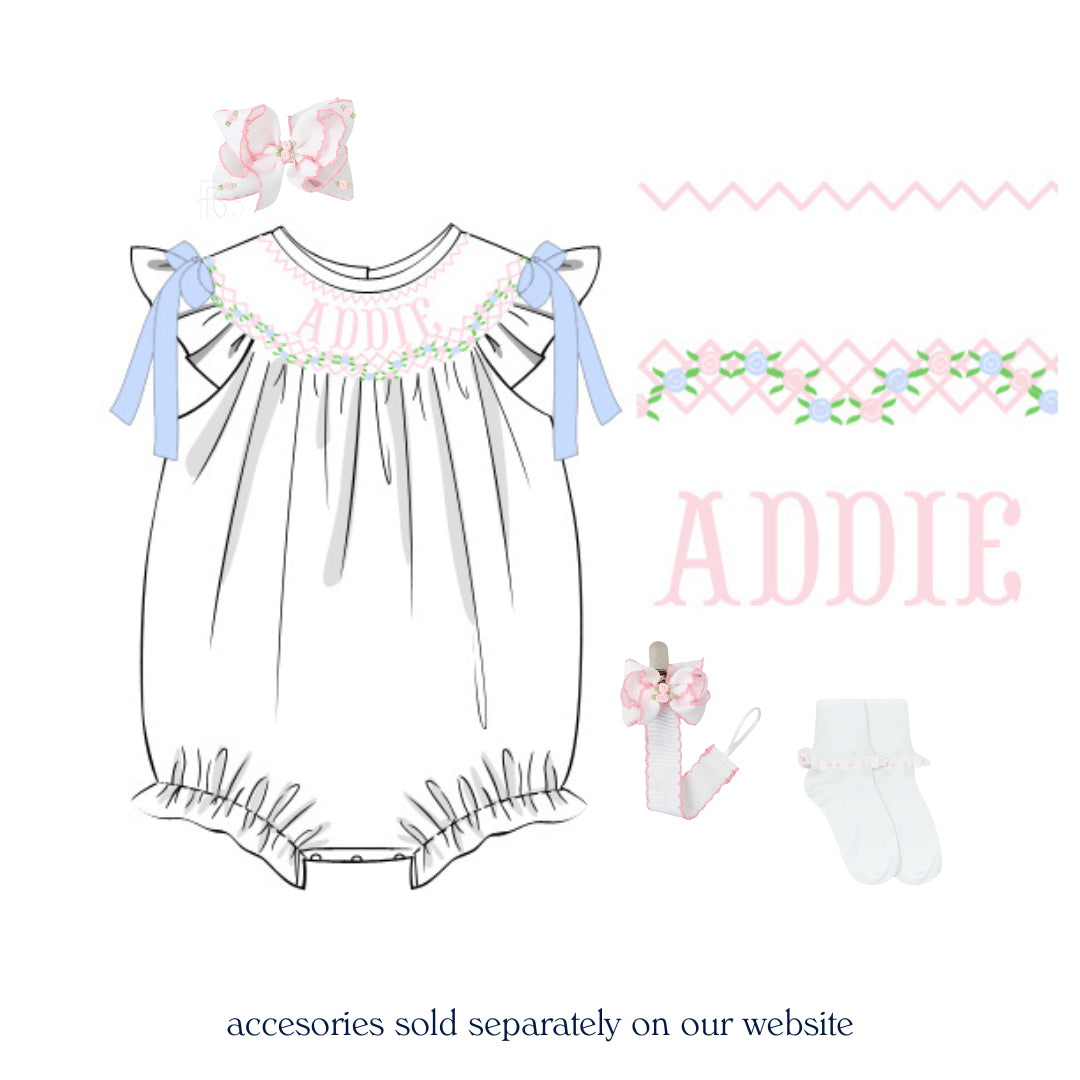 WHITE ROSETTE NAME SMOCKED BISHOP BUBBLE