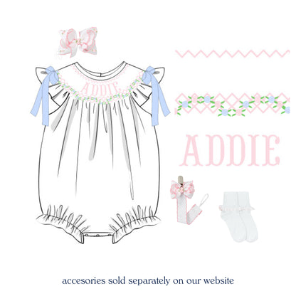 WHITE ROSETTE NAME SMOCKED BISHOP BUBBLE