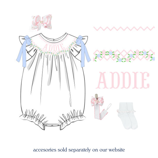 WHITE ROSETTE NAME SMOCKED BISHOP BUBBLE