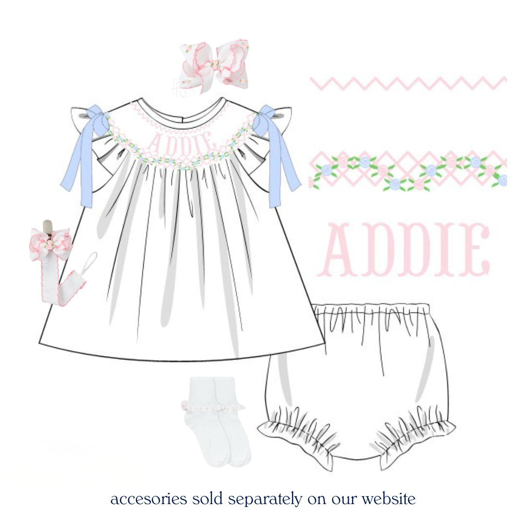 WHITE ROSETTE NAME SMOCKED BISHOP DIAPER SET