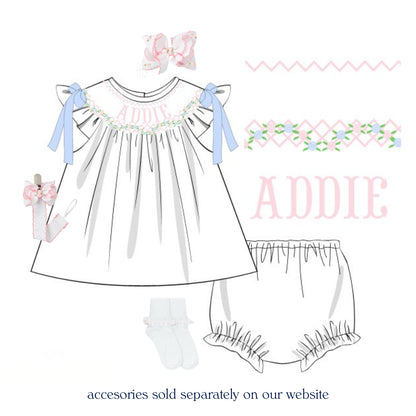 WHITE ROSETTE NAME SMOCKED BISHOP DIAPER SET