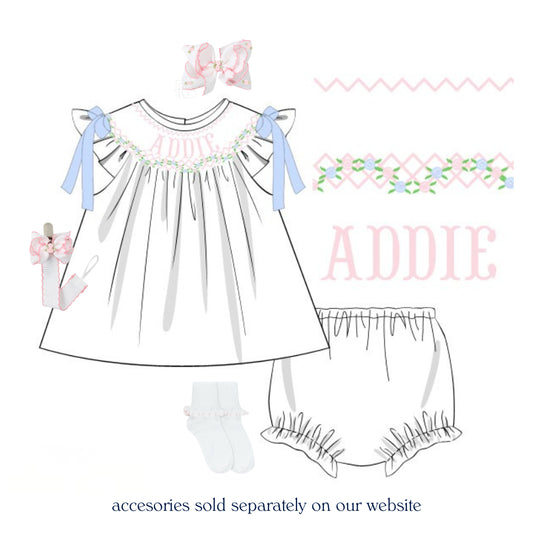 WHITE ROSETTE NAME SMOCKED BISHOP DIAPER SET