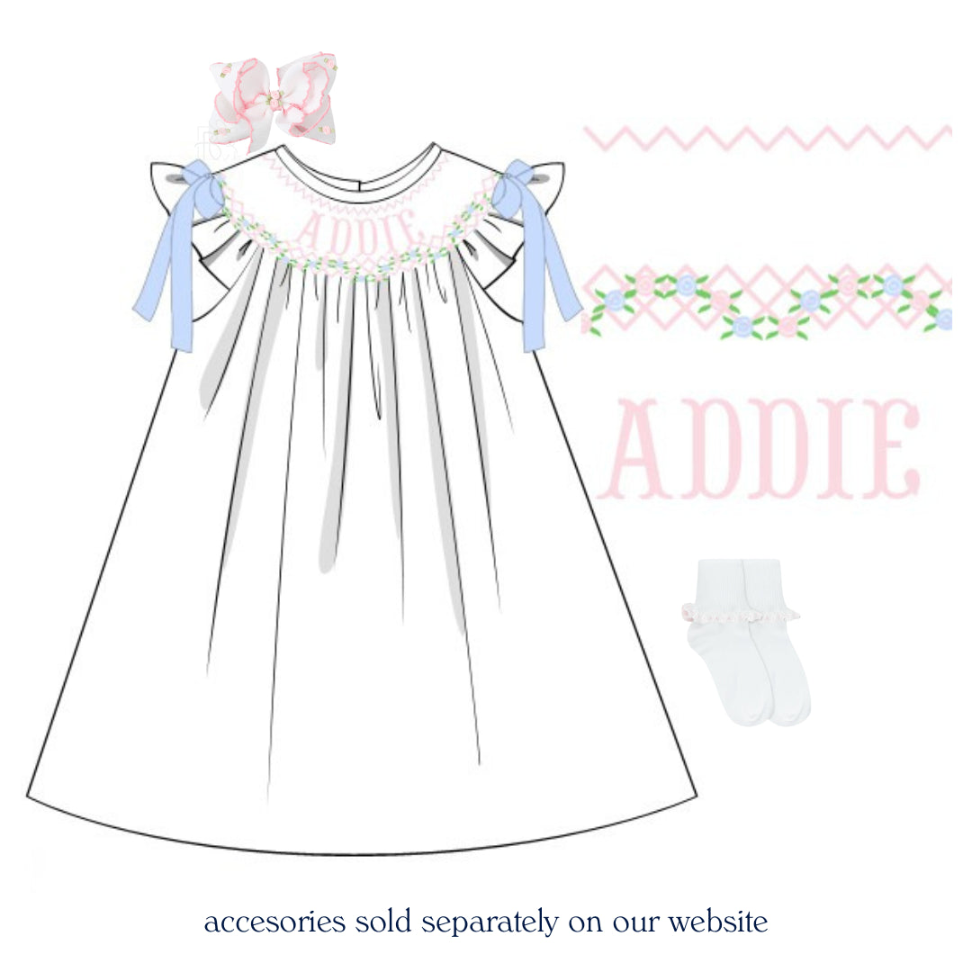 WHITE ROSETTE NAME SMOCKED BISHOP DRESS