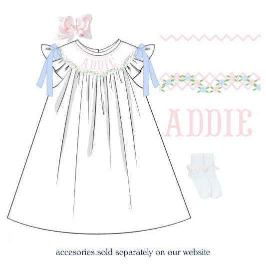 WHITE ROSETTE NAME SMOCKED BISHOP DRESS